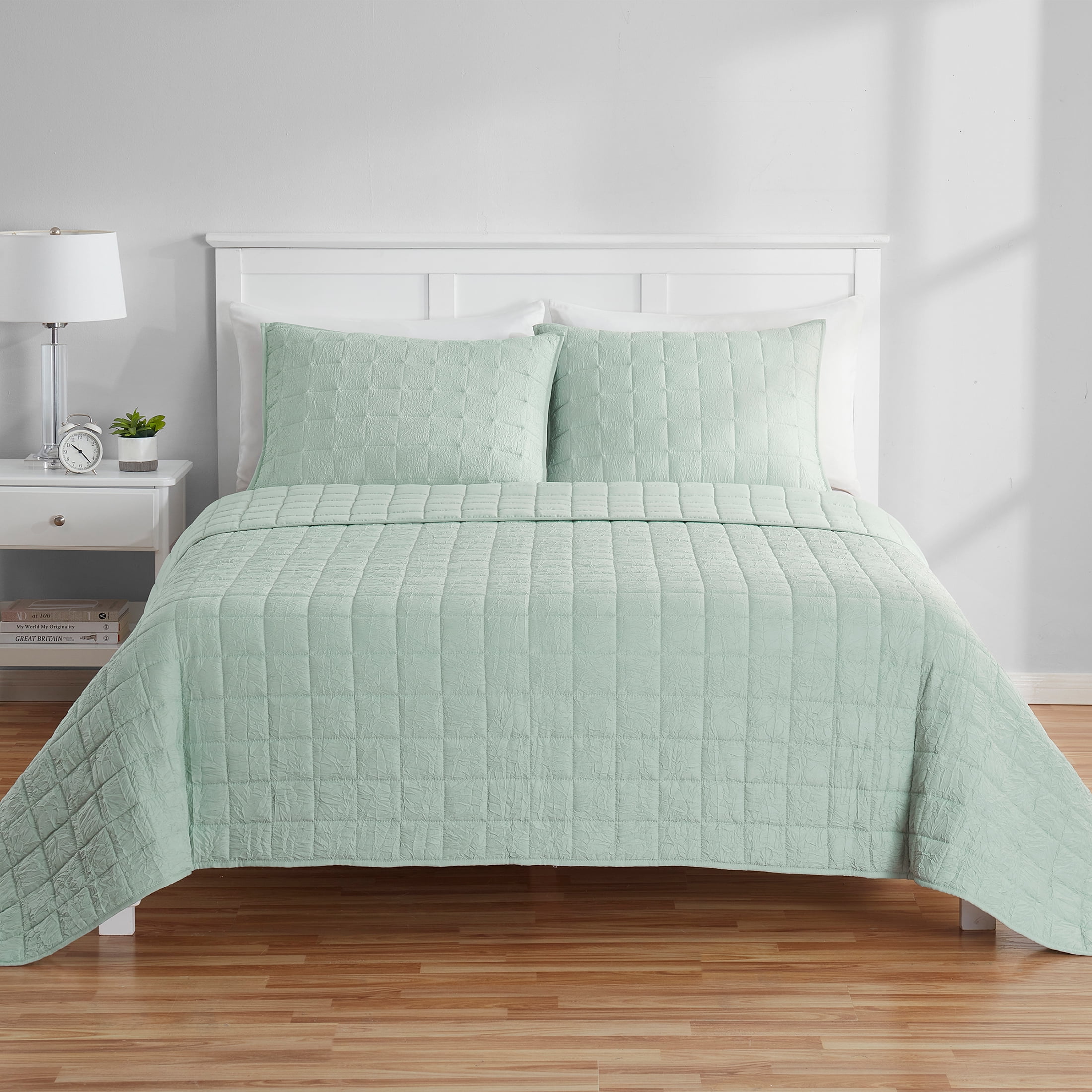 Mainstays Crinkle Quilt, Full/Queen, Light Green, Soft Wash Microfiber Bedding