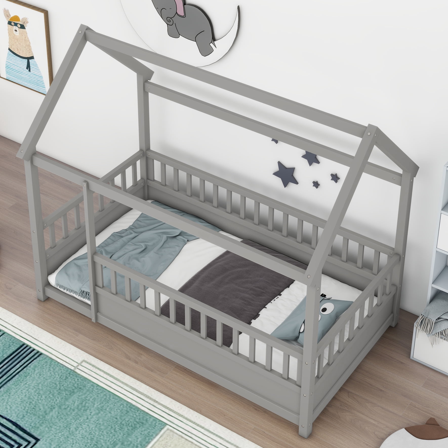 Twin Size Floor Bed with Wooden House Roof & Safety Guardrails for Kids - Sturdy Pine Construction, Grey (Multiple Color Options)