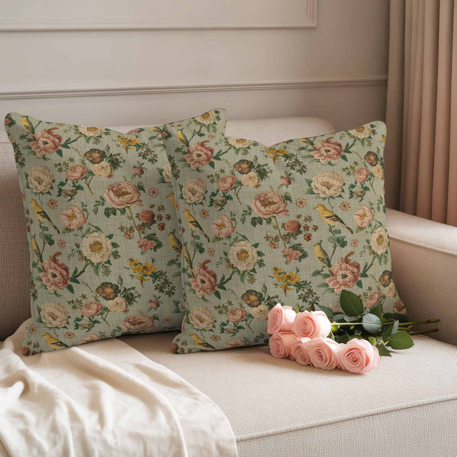 Vintage Spring Floral Outdoor Waterproof Pillow Covers, Farmhouse Flowers Green Vintage Decorative Square Throw Pillowcase Sofa Cushion Sham for Patio/Couch/Chair, 16"x16" 2 Pack