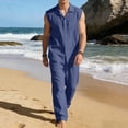 thumbnail image 2 of HBGVBA Mens Casual Summer 2 Piece Outfit Sleeveless Button Collared Tank Top Elastic Waist Long Pants Set, 2 of 5