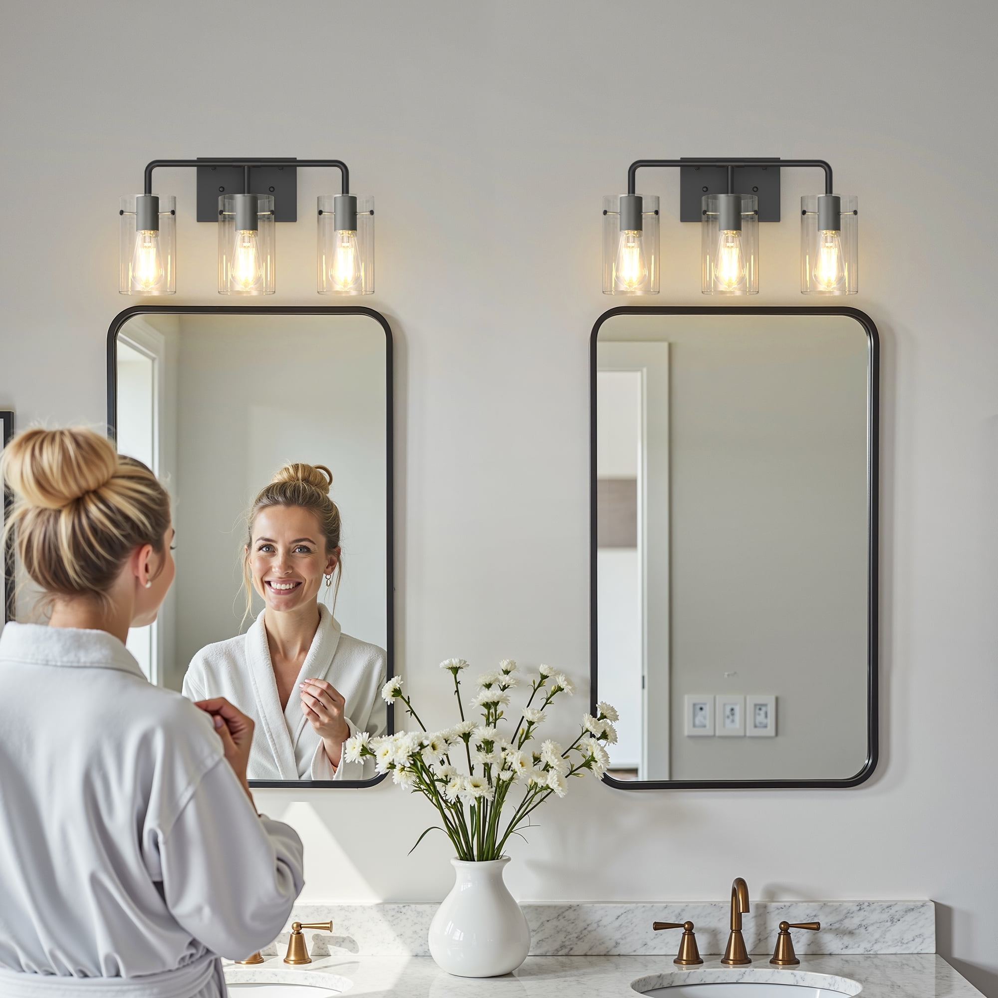 YANSUN Bathroom Vanity Light Fixture, 18 in 3-Light Black Metal Bathroom Light Fixtures Over Mirror, with Clear Glass Shade, Modern Farmhouse Vanity Lights, Rustic Restroom Lighting Fixtures