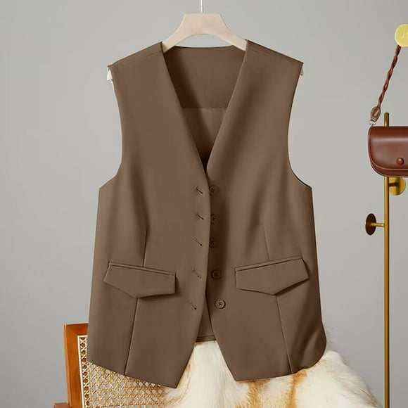 MPWEGNP Women's Solid Color Sleeveless Autumn And Winter Vest Small Waistcoat Suit Waistcoat Khaki XL