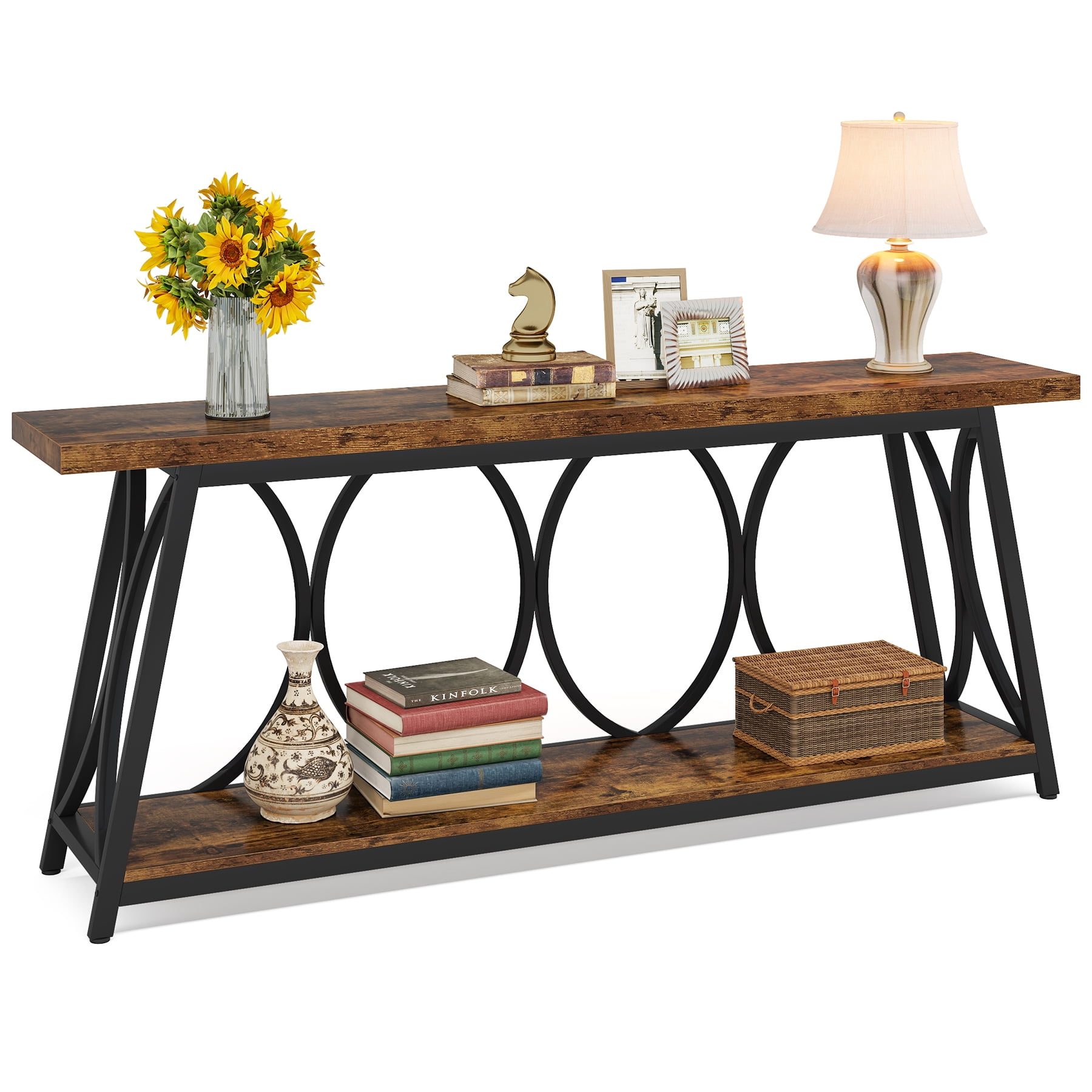 Fnova 70.87" Extra Long 2-Tier Console Table, Industrial Sofa Table with Decorative Circular Metal Frame,  Entryway Hallway Behind Couch Storage Console