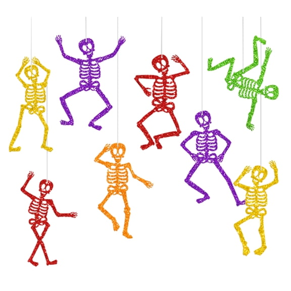 OIUR 8 Pcs Colorful Hanging Skeleton Decoration Glitter Paper Skeleton Bunting Banner Backdrop for Indoor Outdoor Halloween Party Decor
