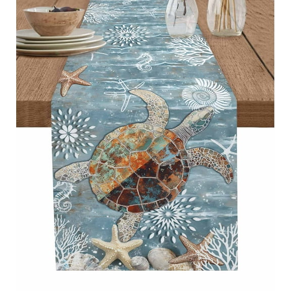Ldtrchee Coastal Turtle Table Runner 72 Inches, Teal Nautical Ocean Starfish Coral Bed Runner Dresser Scarves Tabletop for Indoor Outdoor Parties/Ceremony/Banquet, 14" x 72"
