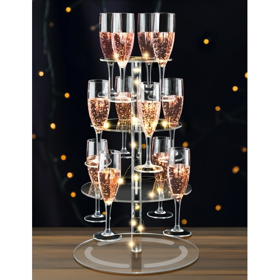 NiHome 3-Tier Clear Acrylic Champagne Tower with String Light, 12-Glass Cocktail Tree Stand Wine Rack, Weddings Parties Bars Drink Tower for Champagne, Cocktails, Martini, Margarita Cups