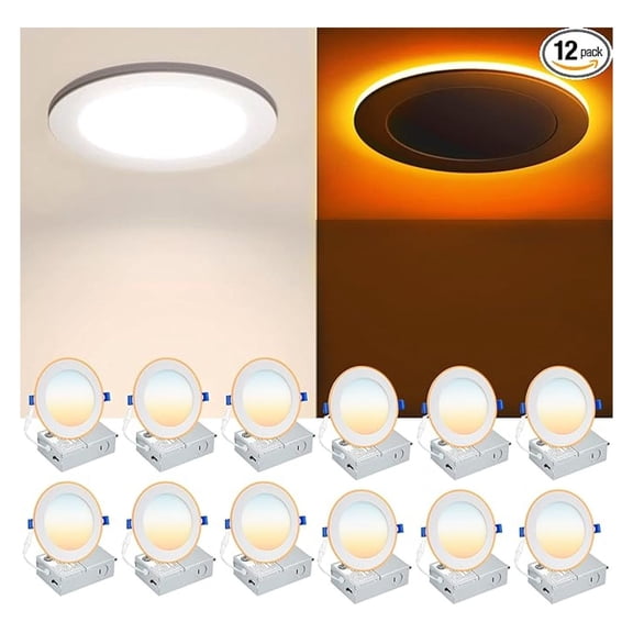 12 Pack 6 Inch 5CCT LED Recessed Ceiling Light with Night Light, 2700K/3000K/3500K/4000K/5000K Selectable Ultra-Thin Recessed Light, 12W=110W, 1050LM LED Recessed Light Dimmable, ETL Listed