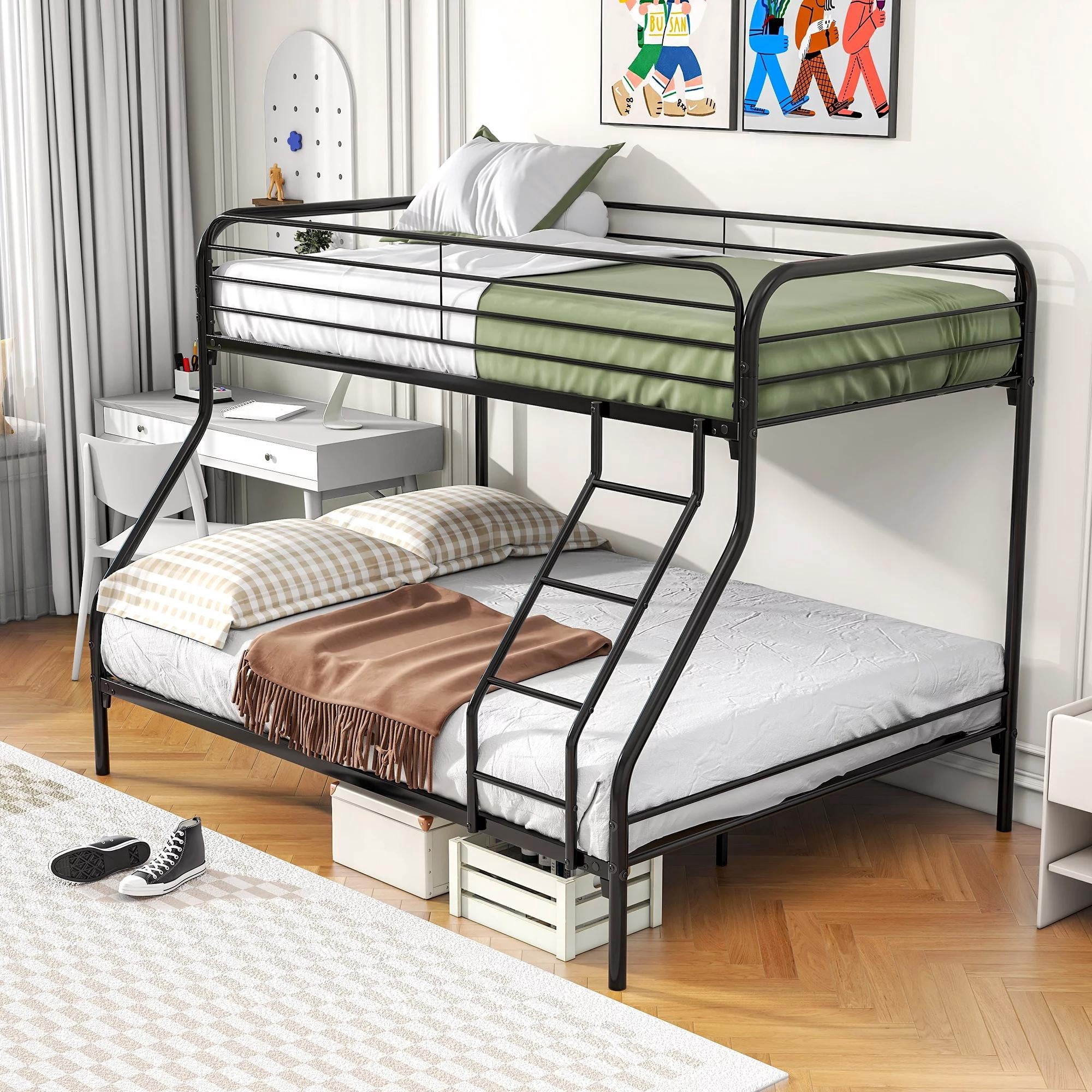 Gewnee Twin over Full Bunk Bed, Metal Bed Frame with Ladder&Safety Guardrail for Kids Teens,Black