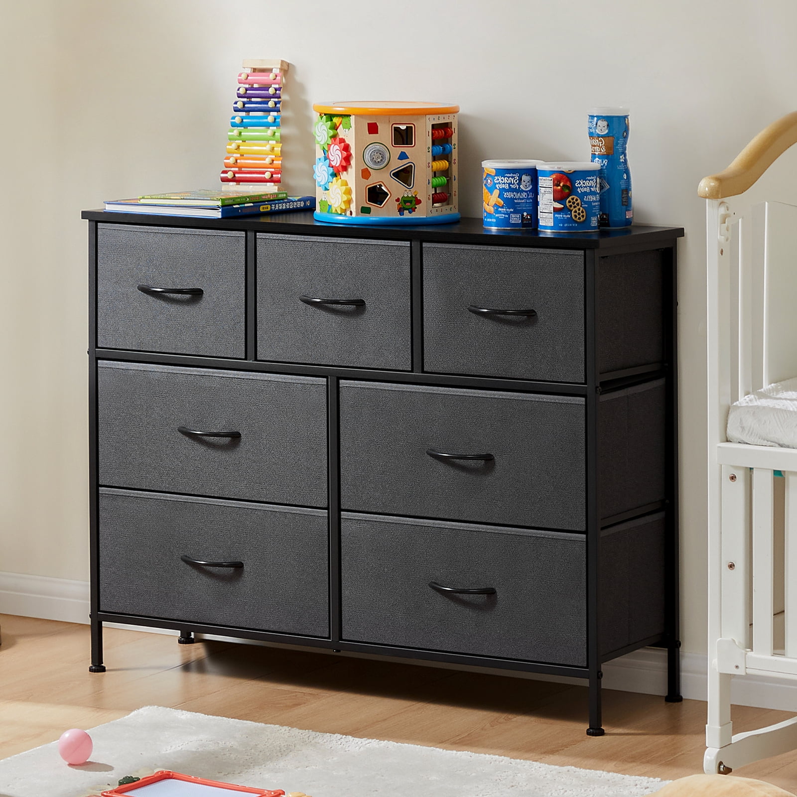MAYEERTY 7-Drawer Fabric Storage Tower, Versatile Organizer with Wood Top for Bedroom, Living Room, Gray