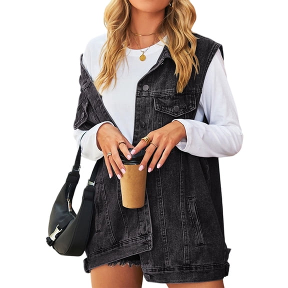 Women Denim Jean Vest Oversized Sleeveless Mid Long Button Down Denim Waistcoat Black & Gray XS