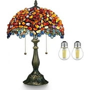 Agate Amber Stained Glass Table Lamp 19.3"D x 12"W x 5.9"H Tiffany Style Lamp for Bedroom Living Room with 2 LED Bulbs