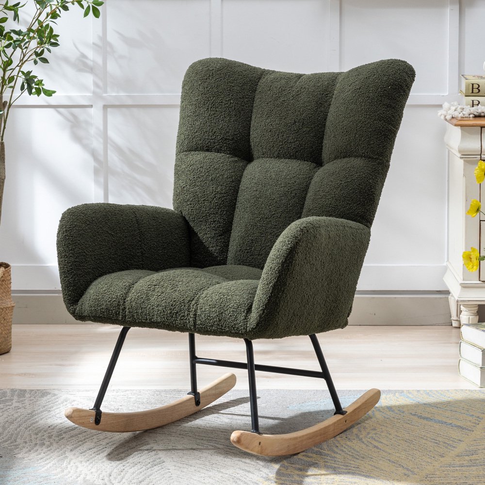 Teddy Fabric Rocking Chair with High-Density Foam Cushion, Ergonomic Glider for Nursery with Side Pocket, Dark Green