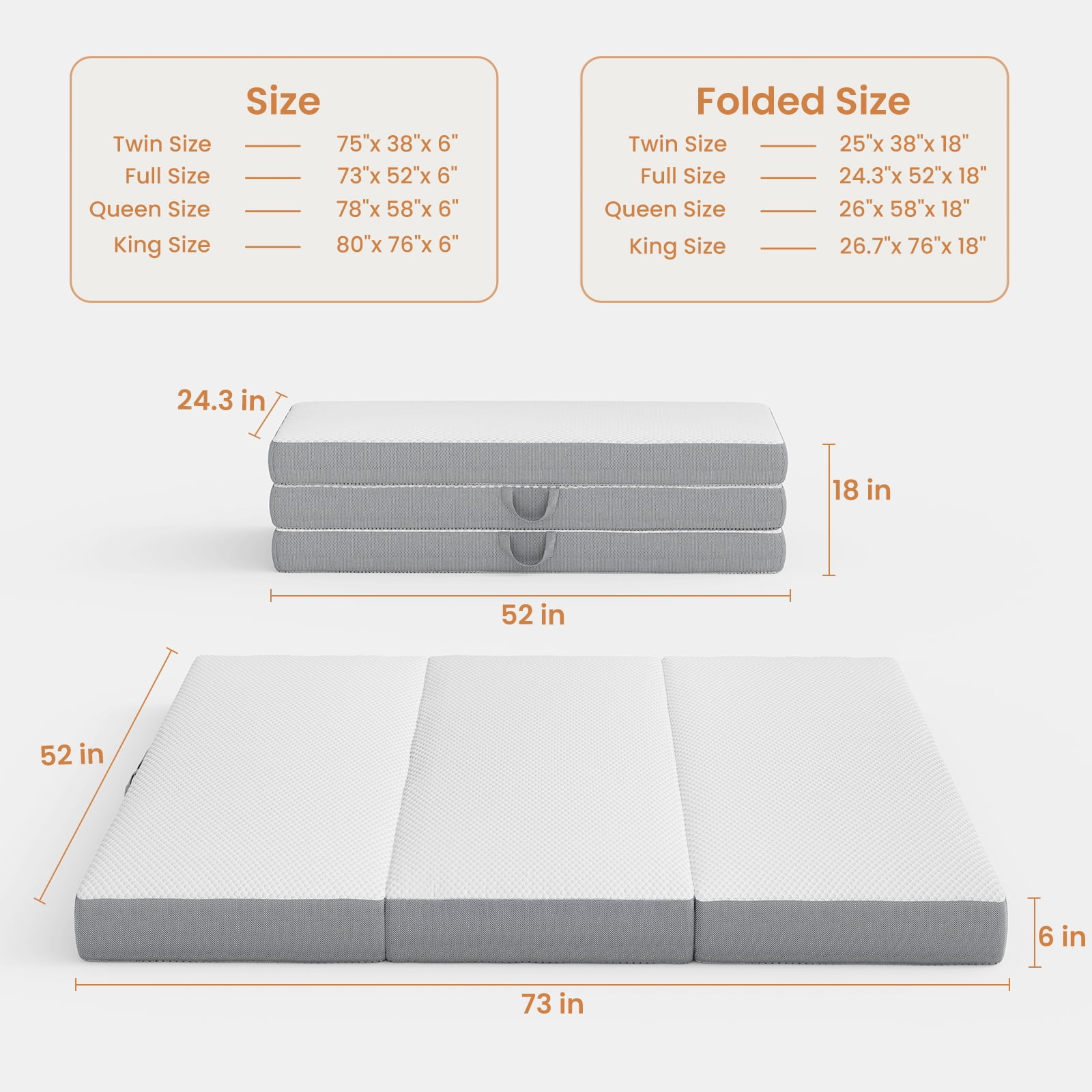 VKLIVING Tri-Fold Memory Foam Mattress,6 Inch Portable Floor Mattress with Washable Cover, Non-Slip Bottom & Breathable Mesh Sides for Guest Bed, Camping, Home, RV