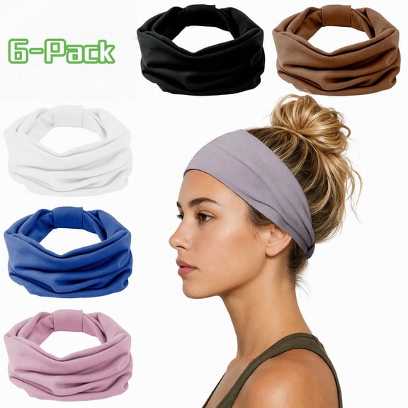 6-Pack Wide Boho Headbands for Women - Non-Slip Elastic Yoga Sweatbands; Soft No-Headache Hair Bands for Workout, Makeup, Running & Daily Style