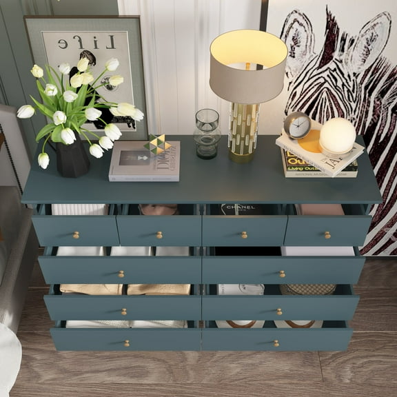 MONSLIPA 10 Drawer Dresser, Wide Chest Of Drawers Storage Dresser With Wood Top for Living Room, Bedroom, Hallway, Blue