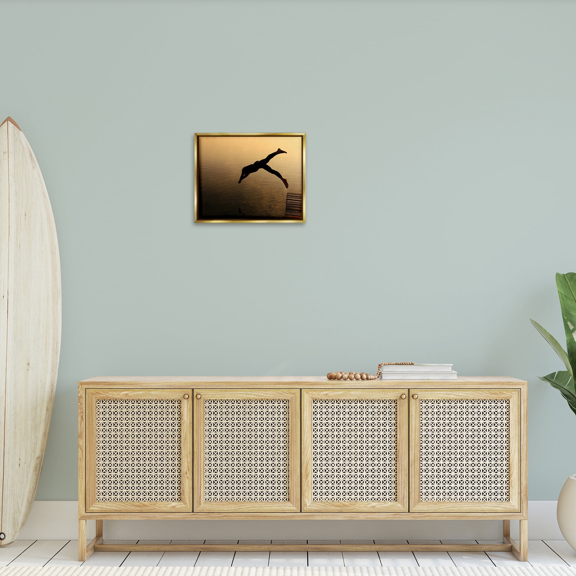 Stupell Industries Diving Off Dock Silhouette Novelty Photography Gold Floater Framed Canvas Art Print Wall Art, 21 x 17