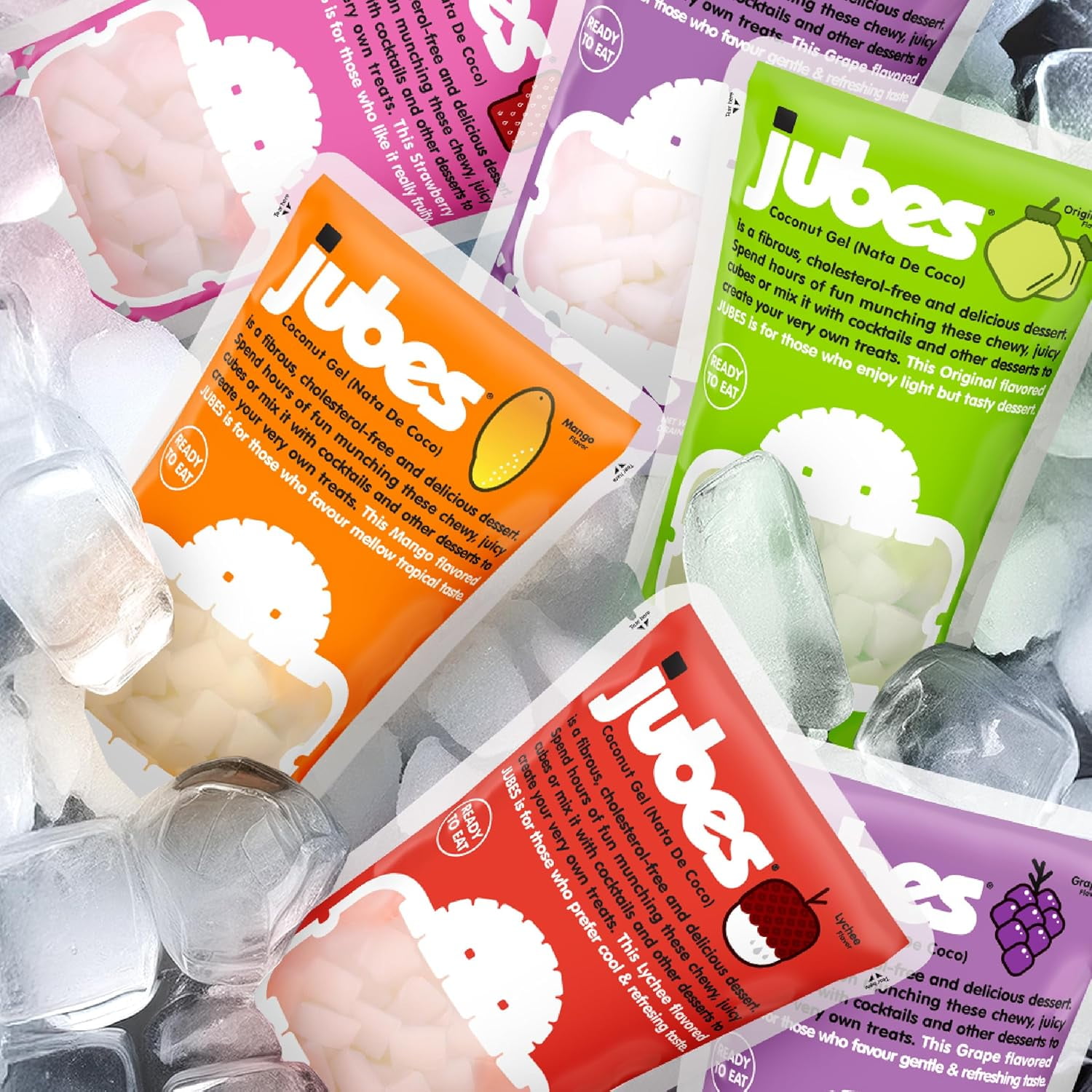 Jubes Strawberry & Mango Nata De Coco Jelly Cubes (12.7 oz, 3 of Each Flavor) - Strawberry & Mango Coconut Jelly Cubes for Sago - Coconut Gel in Syrup Toppings for Fruit Tea, Boba, & all Beverages
