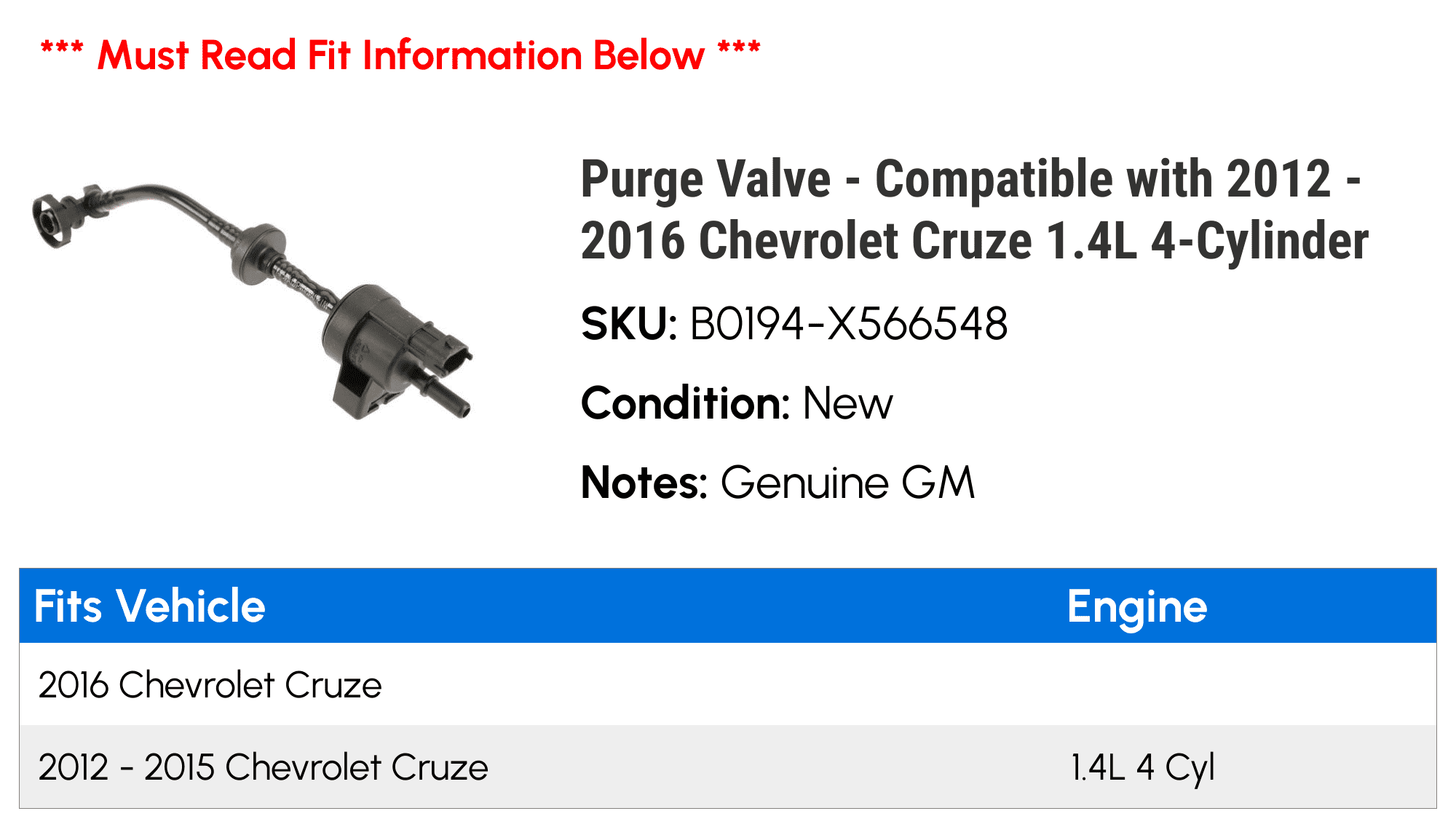 Purge Valve - Compatible with 2012 - 2016 Chevy Cruze 1.4L 4-Cylinder 2013 2014 2015
