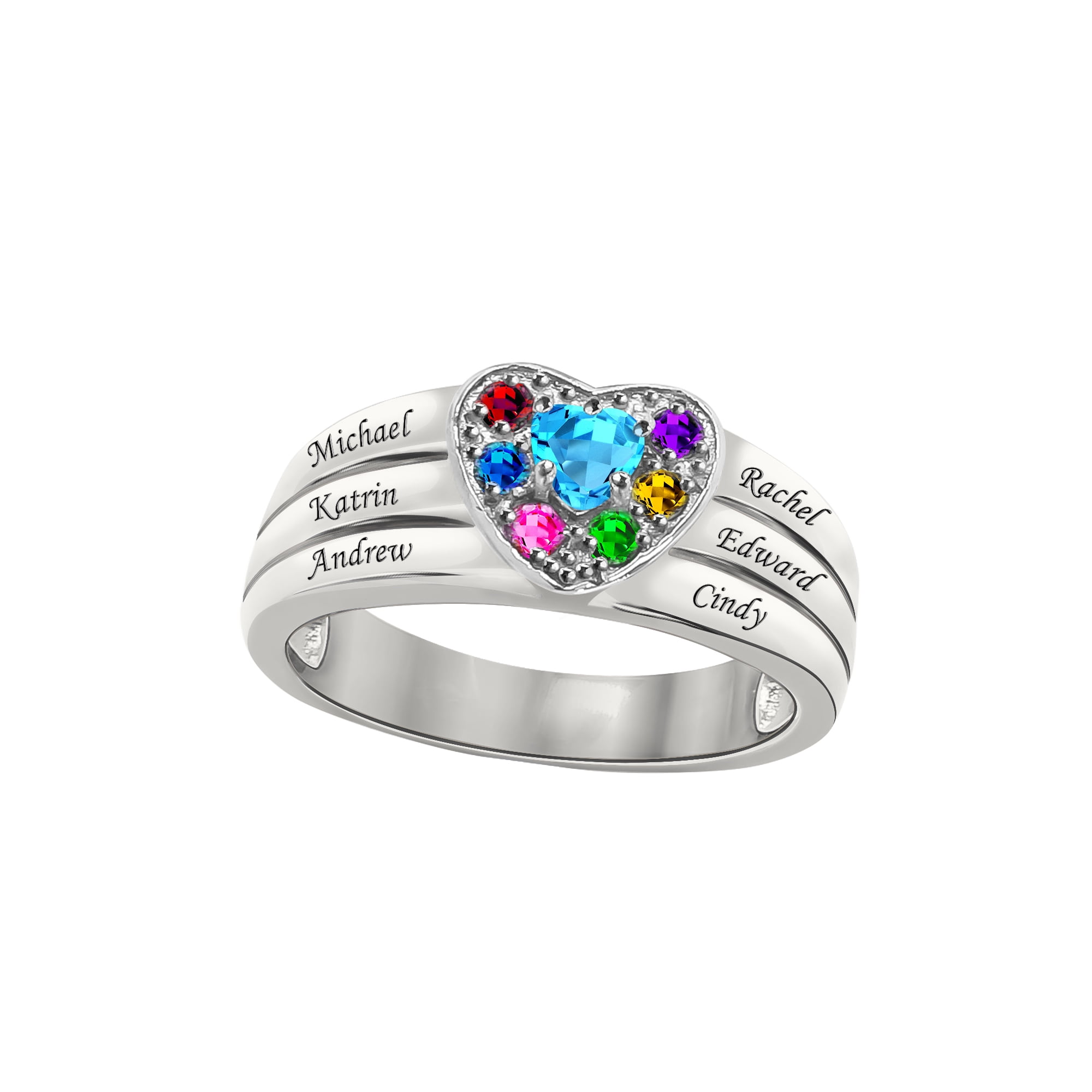 Laser Engraved Family Ring with Up to Seven Birthstones