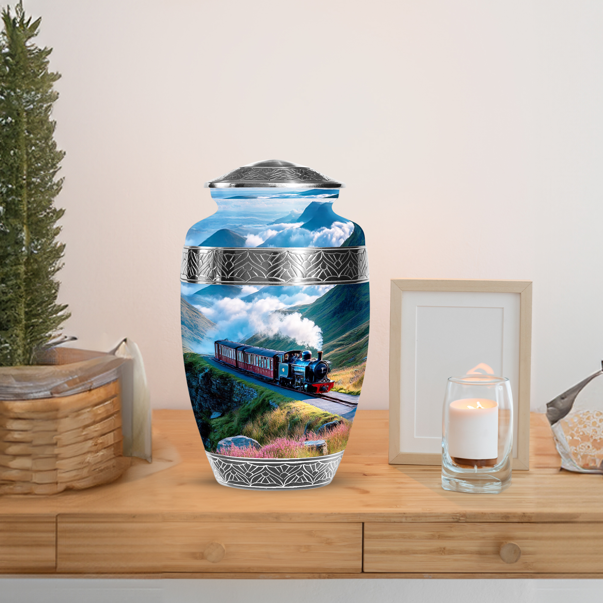 MUKTIVE Train Cremation Urns for Human Ashes Adult Female, Large Funeral Urns for Adult Male, Decorative Burial Urn for Father & Mother, Memorial Urn for Ashes for Men & Women, 10 Inch