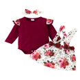 thumbnail image 1 of Infant Girl Summer Fall Clothes Set Flying Sleeve Round Neck Jumpsuit +Flower Print Suspender Skirt + Bow Headband, 1 of 6