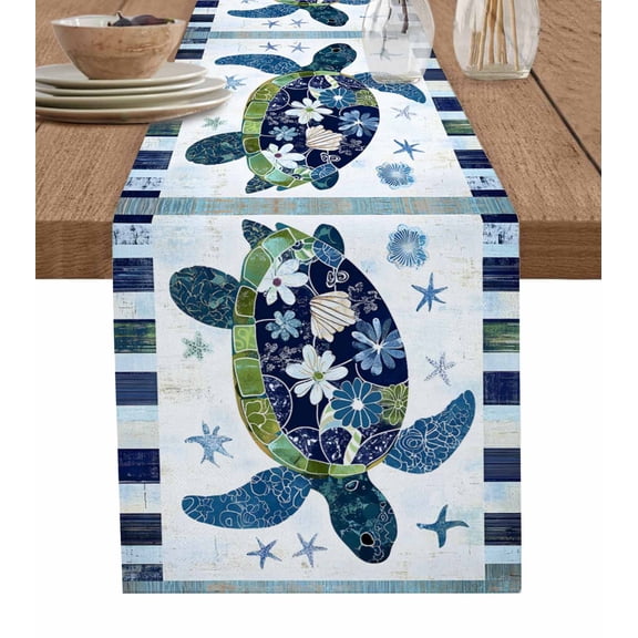 Coastal Turtle Table Runner 48 Inches, Summer Beach Starfish Nautical Blue Teal Bed Runner Dresser Scarves Tabletop for Indoor Outdoor Parties/Ceremony/Banquet, 13" x 48"