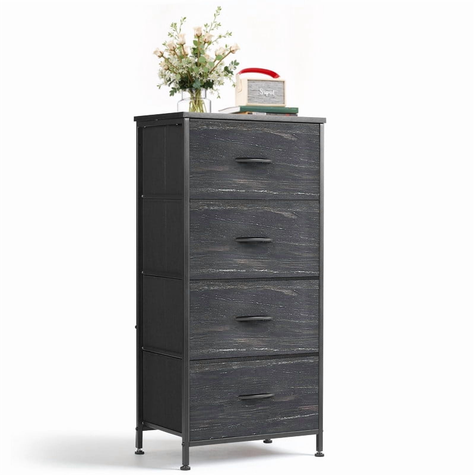 Bigleap 4 Drawer Dresser with Wood Top, Fabric Storage Tower & Tall Chest for Bedroom, Living Room, Hallway Organization,Black Wood