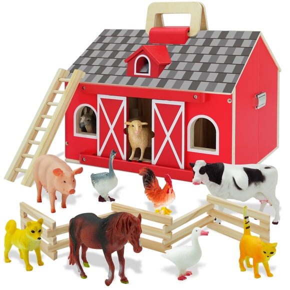 SIMPLIPLAY Farm Animal Toys with Portable Large Wooden Barn for Kids 3+ Years Old, 10 PCS Farm Animal Figures for Boys, Girls, Animal Lovers, Ideal Gift for Kids Toddlers, Impro