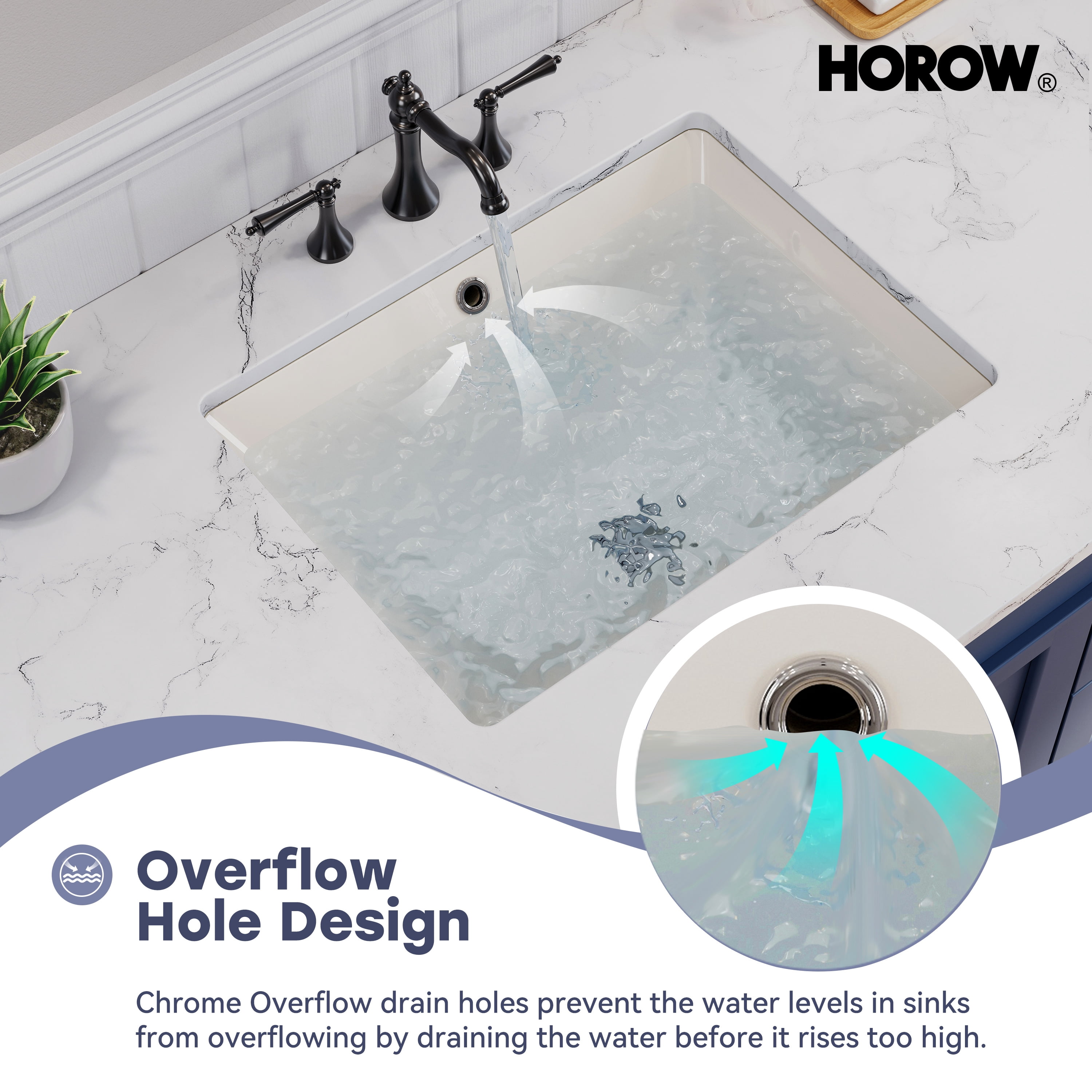HOROW 20 x 15 Inch Undermount Bathroom Sink Rectangle with Overflow, White Ceramic Under Counter Bisque