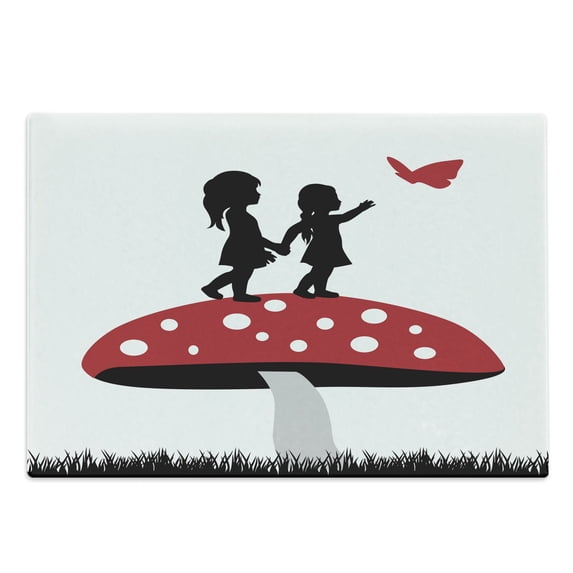 Mushroom Cutting Board, Silhouettes of 2 Little Girl on Huge Toadstool, Decorative Tempered Glass Cutting and Serving Board, in 3 Sizes, by Ambesonne