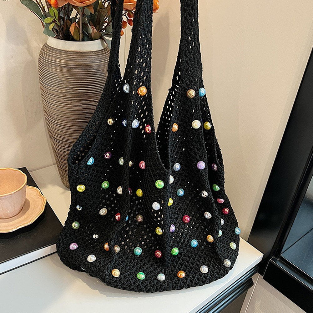 Jiibva Crochet Beach Bags Woven Travel Tote Boho Shoulder Bag Hollow Knitting Handbag Mesh Shoulder Bag Women Knitted Handbags for Holiday, Daily Work
