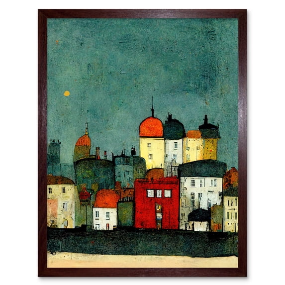 Playful Town Skyline Scene At Night With Pastels And Ink Art Print Framed Poster Wall Decor 12x16 inch