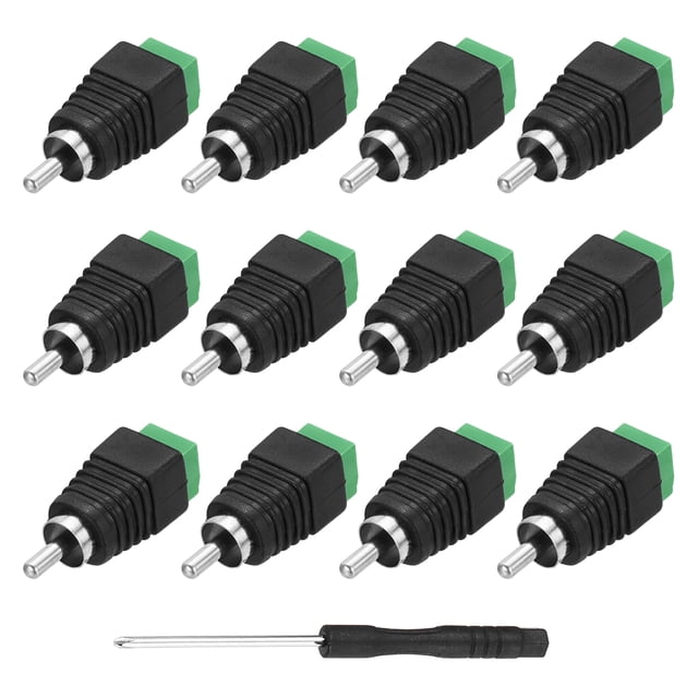 Adaptador de cable RCA sin soldadura de 12 piezas, conectores de terminal de tornillo de altavoz de audio/video RCA macho, negro (incluye destornillador)