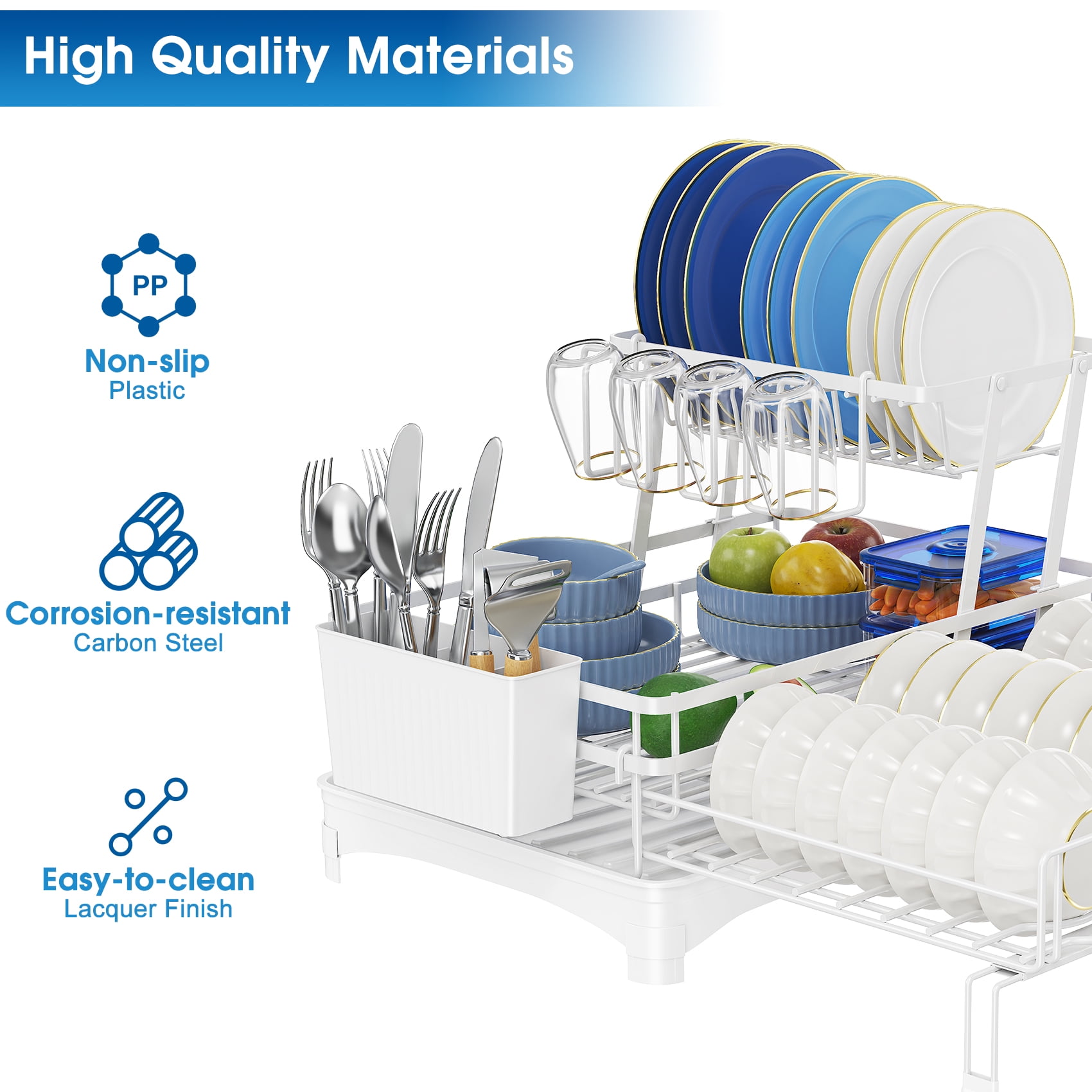 Glovv 2-Tier Collapsible Over the Sink Dish Drying Rack, Kitchen Sink Organizer with Auto Drainage System, Dish Racks for Kitchen Counter with 4 Cup Holders,White