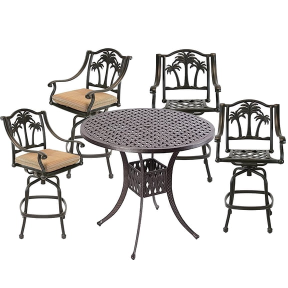 Outdoor High‑Top Bar Table Set with 4 Cushioned Swivel Stools – Heavy Aluminum Patio Furniture.