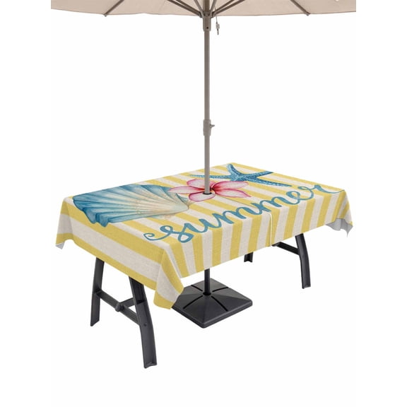 Outdoor Tablecloth with Umbrella Hole for Patio/Picnic/Party/Camping, Starfish Shell Coastal Waterproof Table Cloth Rectangle Table Cover Washable, Summer Nautical Striped Farmhouse (60"x 102")