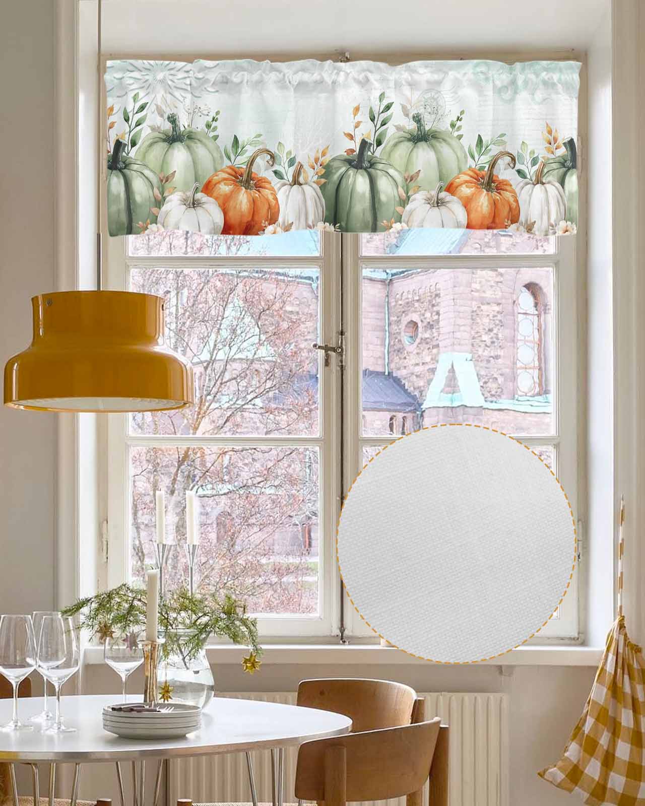 Autumn Pumpkin Kitchen Valances for Windows Farmhouse Linen Window Valance Curtain for Living Room Window Treatment Sage Green Thanksgiving Eucalyptus Leaves Valance Rod Pocket Topper, 42 x 18 Inch