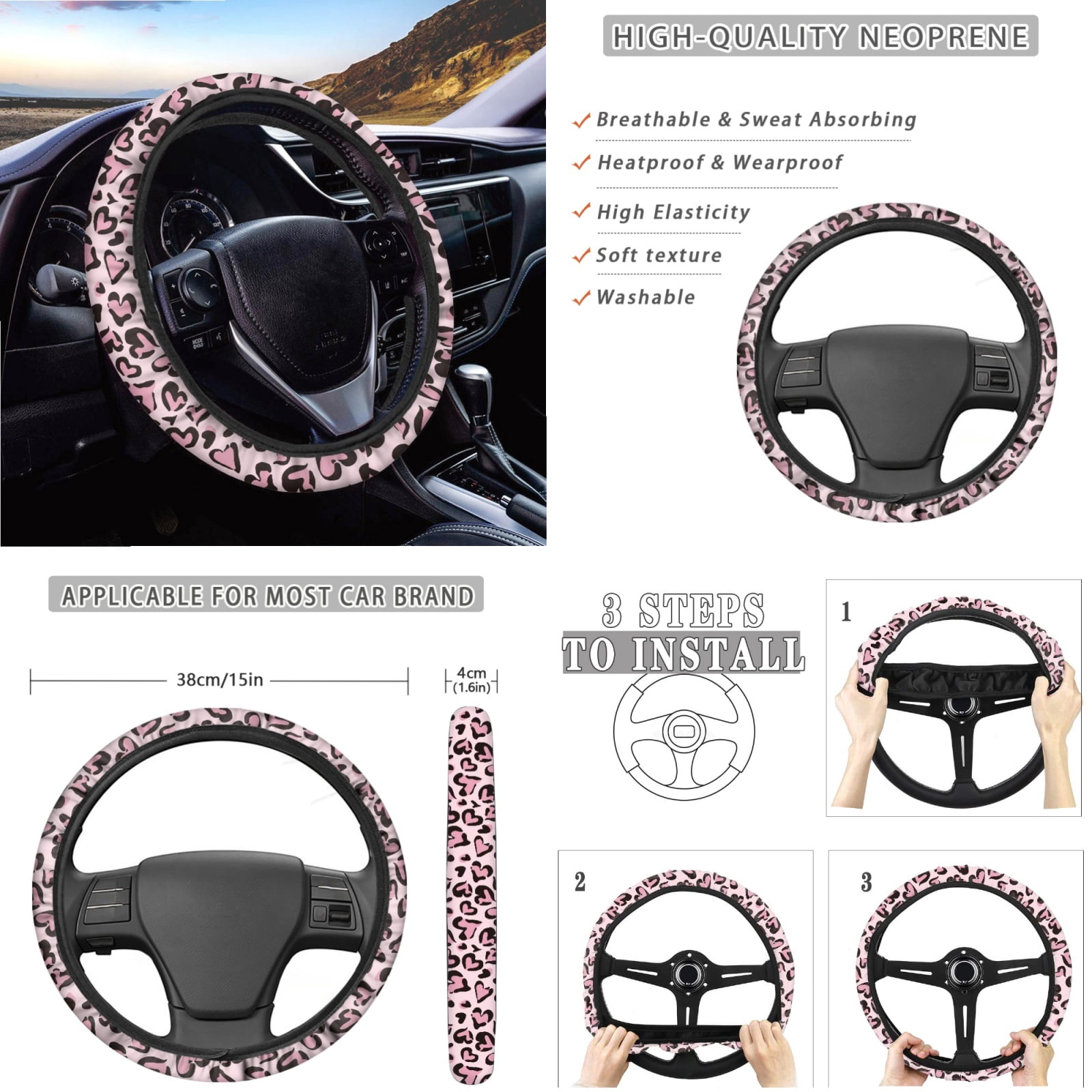 Yuyamidu Pink Heart Car Seat Cover Full Set with Steering Wheel Cover Seat Belt Pads Armrest Cover Handbrake Cover Set Trash Bag Auto Rear View Mirror Cover Cup Holders Fit for Most Vehicles