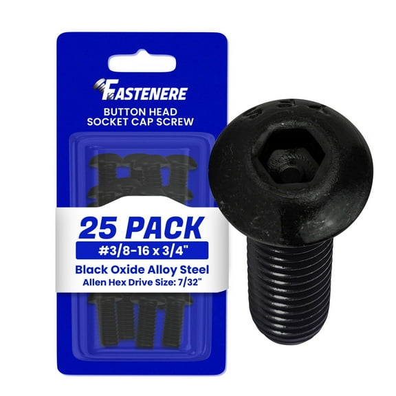 Fastenere Button Head Socket Cap Screws - 3/8-16 x 3/4" (25-Pcs) Alloy Steel, Fully Threaded, Fine Black Oxide Finish, Corrosion-Resistant, Machine Thread, Easy to Install w/ Allen Hex Drive