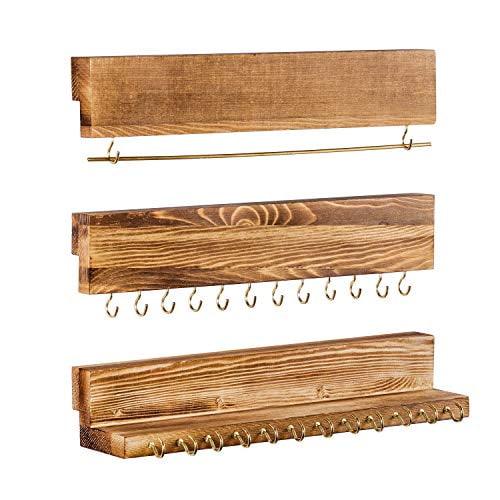 Wall Mounted Hanging Jewelry Organizer Set of 3 Rustic Wood Necklace Holder Hook 