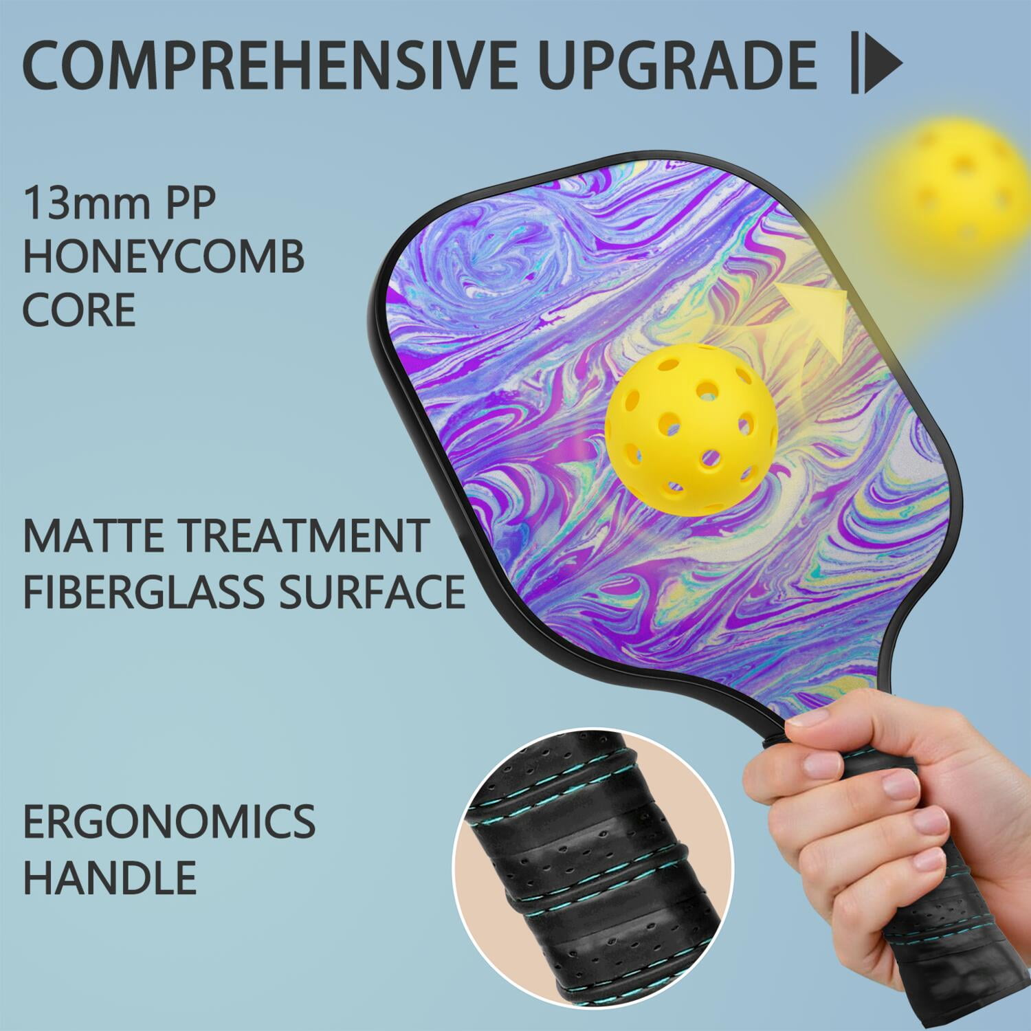 Pickleball Paddles Set Of 1, Fiberglass Surface, Liquid & Marble Print, 1 Paddles, 2 Balls & Bag
