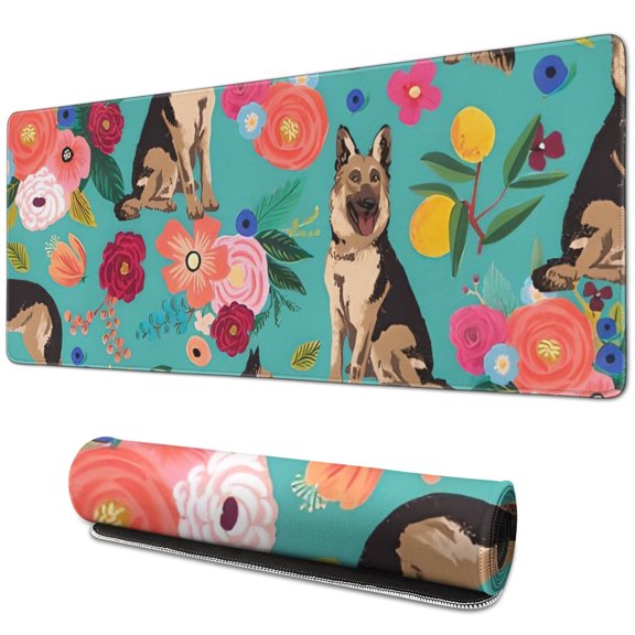Long Mouse Pads for Desk,German Shepherd with Pioneer Flower Desk Mats on Top Of Desks, Desk Mouse Pad Extra Large with 3mm Non-Slip Base and Stitched Edge for Gaming,Office,Work,Home 31.5"x11.8"