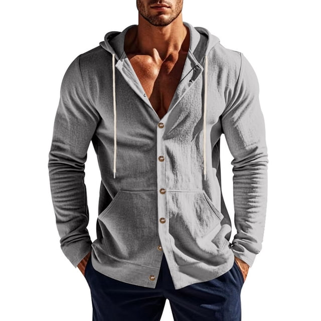 pstuiky Camisas de manga larga abrigadas para hombre, Camisas de manga larga con capucha y botones lisos y bolsillos informales de lino a la moda para hombre salir tops xxl