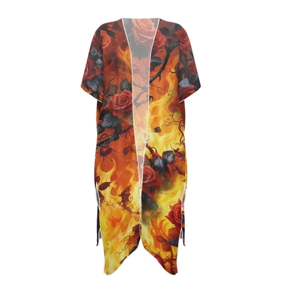 HELLHERO Fiery Rose Print Beach Kimono - Lightweight Flowy Swimsuit Cover Up | Stylish Vacation Wear for Pool, Beach & Resort Trips