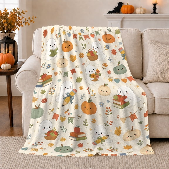 Kawaii Ghost Autumn Harvest, Playful Halloween Scene, Cozy Flannel Blanket for Living Room and Family Room with Detailed Artwork, Art Lovers Halloween Gift, Playful Home Decor