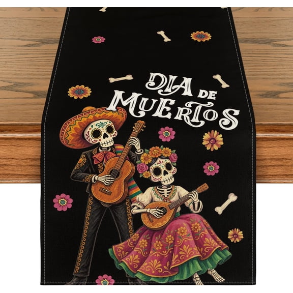 Marigold Mexican Sugar Skull Dia De Los Muertos Table Runner, Day of The Dead Altar Kitchen Dining Table Decoration for Home Party Decor 13x72 Inch
