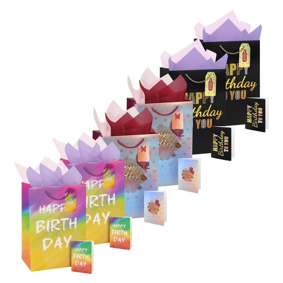 Cheinxy 6 Pcs 13" Happy Birthday Gift Bag with Tissue Paper and Greeting Card for Birthday Party,Birthday Gift Bag Set for Men Women Boys Girls