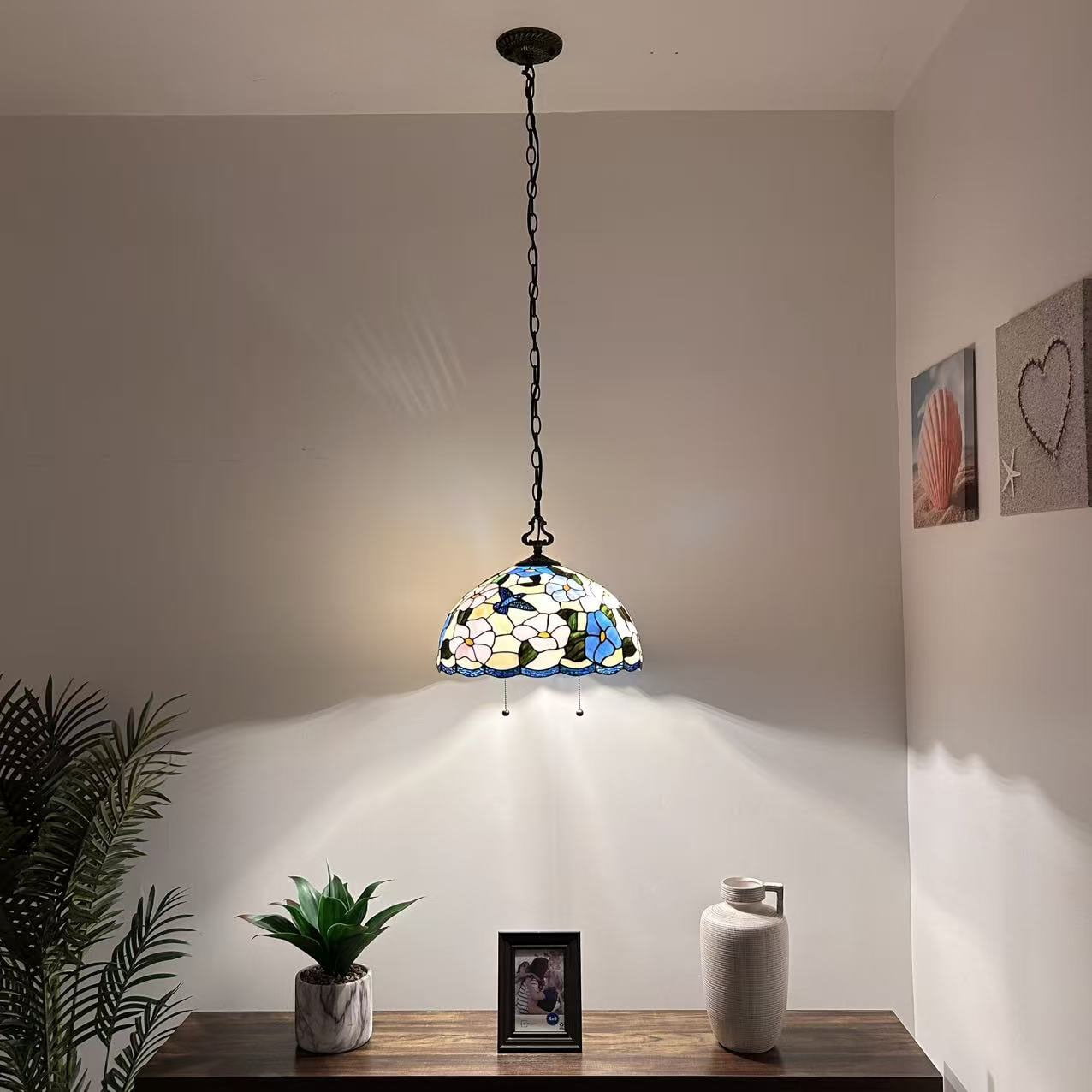 Tiffany Pendant Lights Fixture Pink Blue Stained Glass Hummingbird Flowers LED Bulb 16"W*16"D*75"H