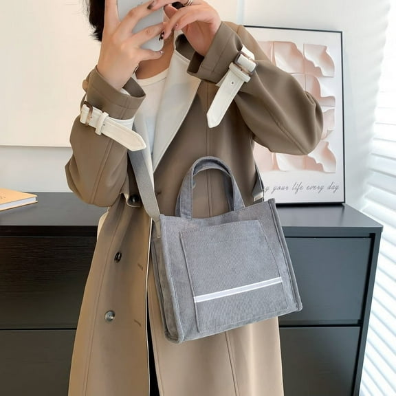 Zhuge Vintage Casual Corduroy Tote Bags Women Hobo Crossbody Bag Purse for Women Travel Shoulder Bags Handbags Eco Bag（Striped gray，9.84*7.87*3.94 inch）