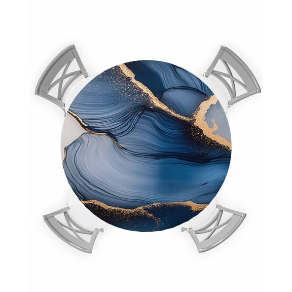 nqOlkjepod Marble Navy Blue Round Tablecloth, Fitted Table Cover with Elastic for 55"-60" Round Tables, Modern Ink Painted Artwork Table Cloth Outdoor Indoor Dinning Party Waterproof Tablecloths